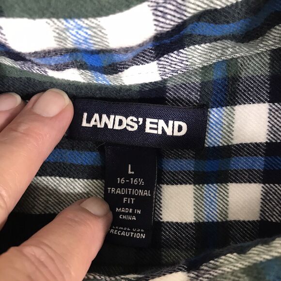 Lands’ End Flannel Shirt Mens L Button Down Green Multi Plaid Pocket Workwear - Picture 7 of 13
